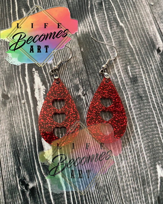 Glitter Open Triple Heart Tear Drop Earrings